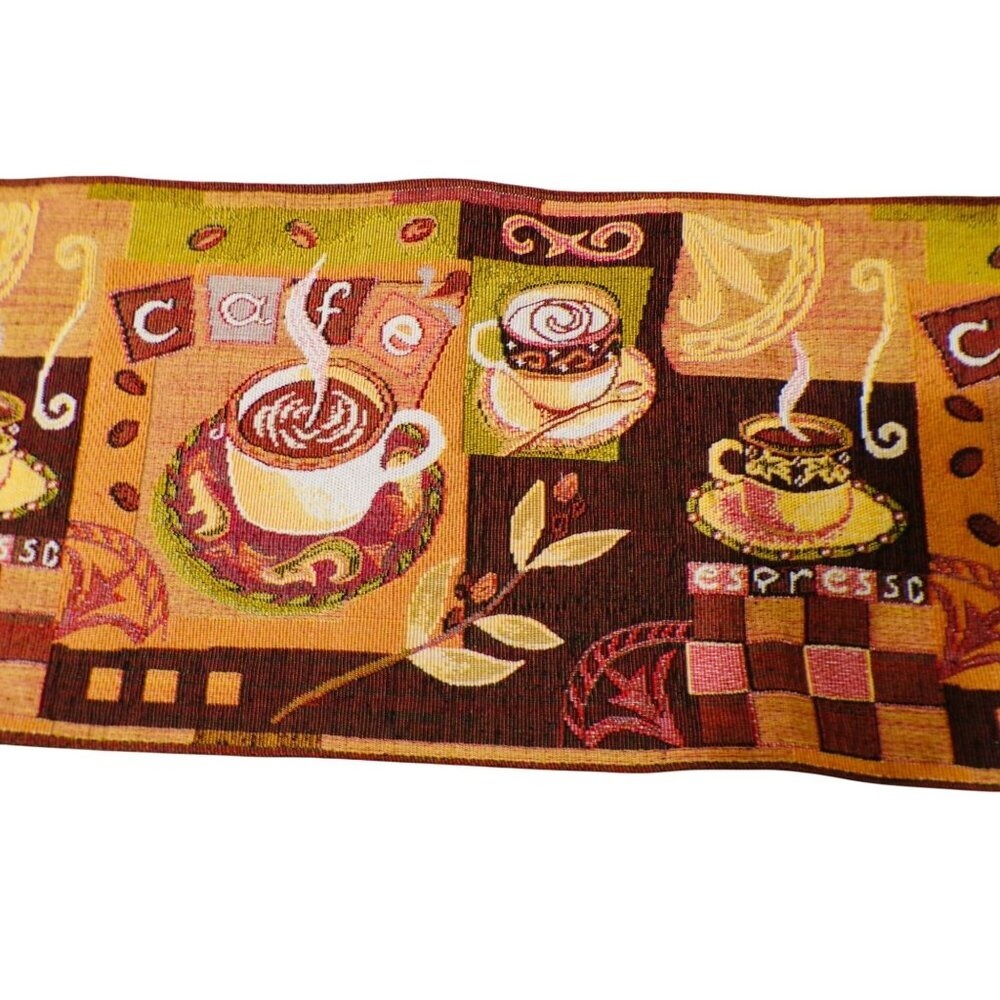 Vtg Coffee-Themed Tapestry‎ Table Runner 13x54" Espresso Cafe Brown/Yellow/Red